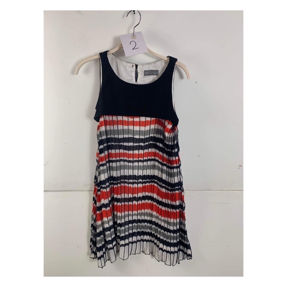 Anthropologie Eva Franco short Sleeveless pleated Red  Black Stripe tunic Dress